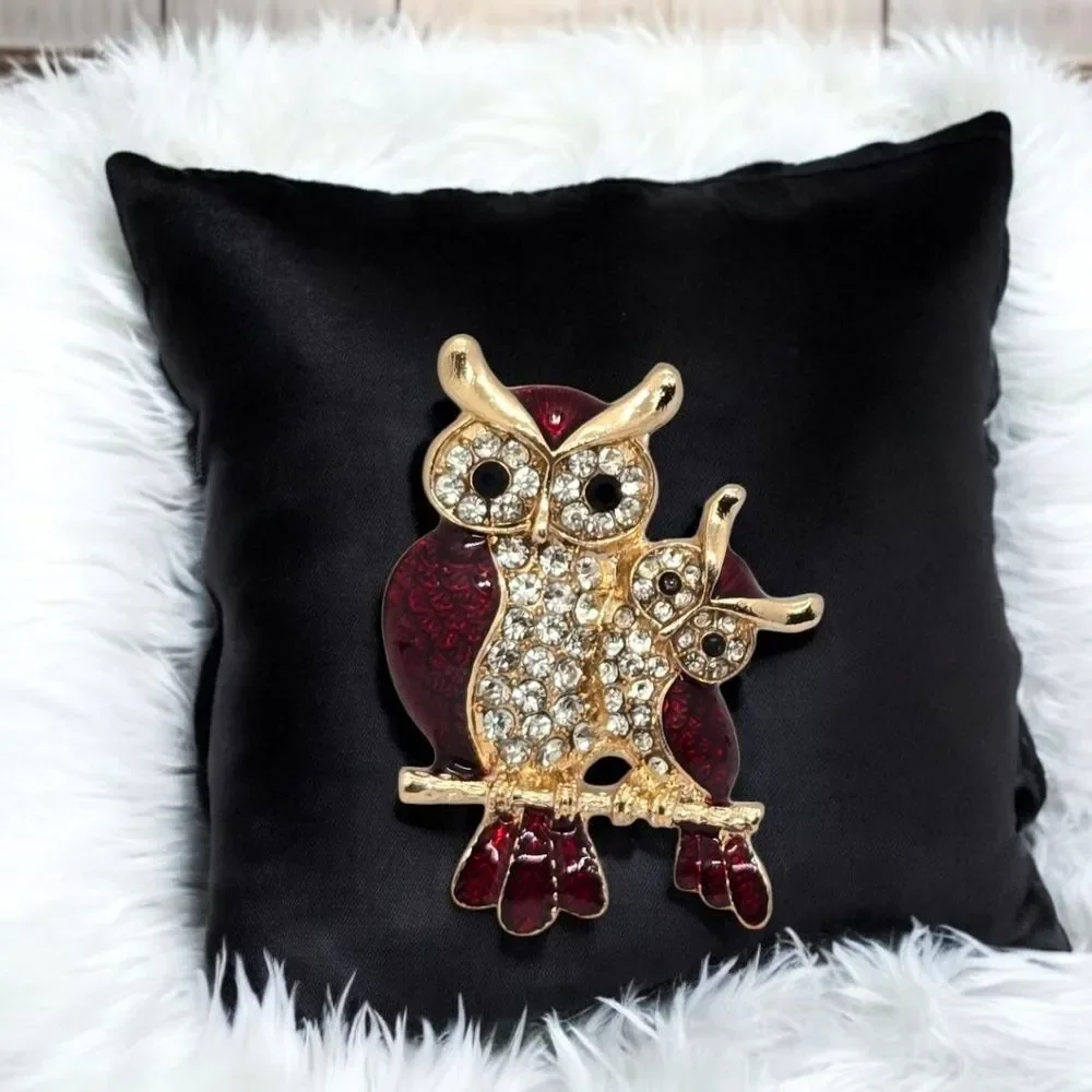 Owl Brooch Gold Rhinestone Mom Baby Pin Red Enamel Bird Lapel Teacher Gift